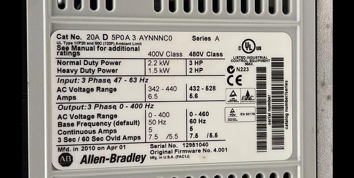 Used Allen-Bradley 20A D 5P0A3 AYNNNC0 Ser A, 20-HIM-A3 Ser B
