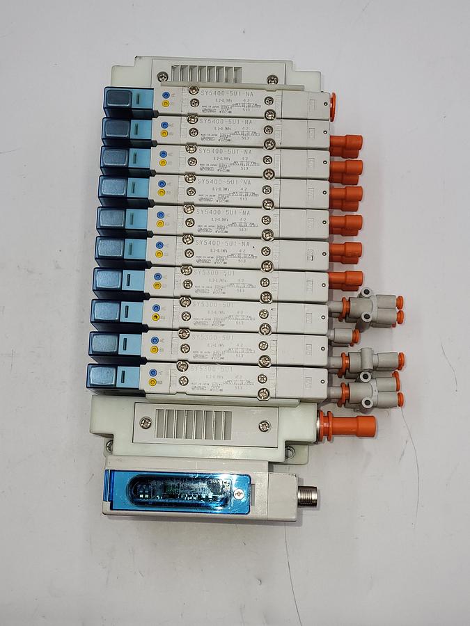 Used SMC SY5-IOL-0-N710RI W/ 10 solenoids SY5200 - 5UI - NA & EX260-SIL1 Serial Transmission System output