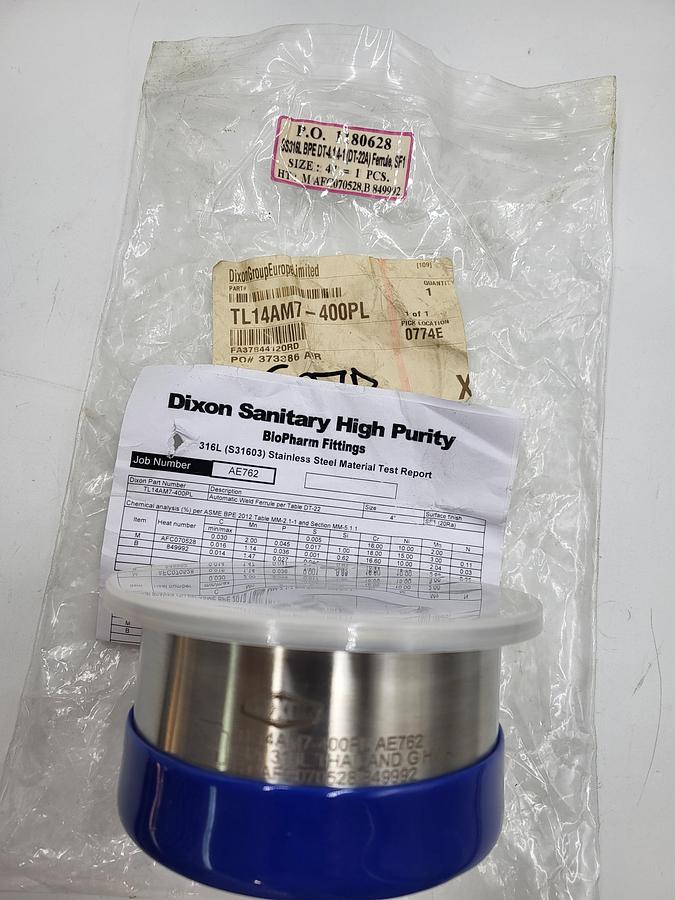 Dixon Sanitary high purity 4" FERRULE 316L stainless steel TL14AM7-400PL BPE DT-4.1 *MFG PACKAGING*