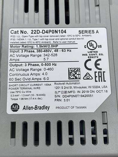 Used Allen-Bradley 22D-D4P0N104 Ser A