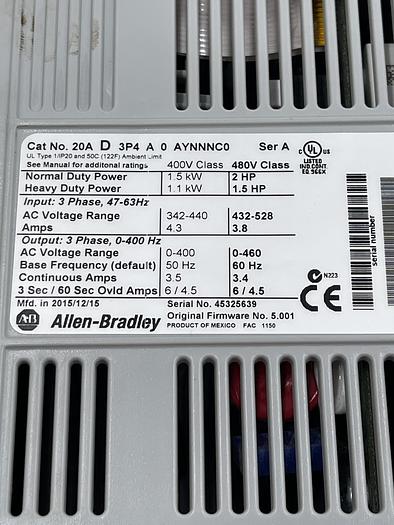 Used ALLEN-BRADLEY 20A D 3P4 A0 AYNNNC0 Ser A