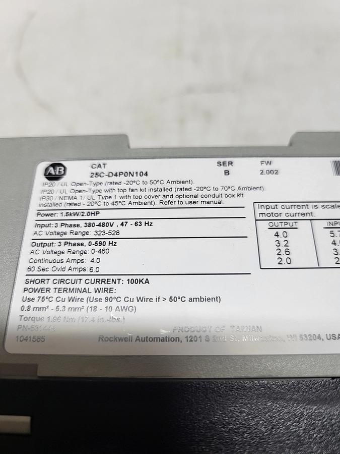 Used Allen-Bradley Powerflex 527 AC Drive 25C-D4P0N104 Ser.B