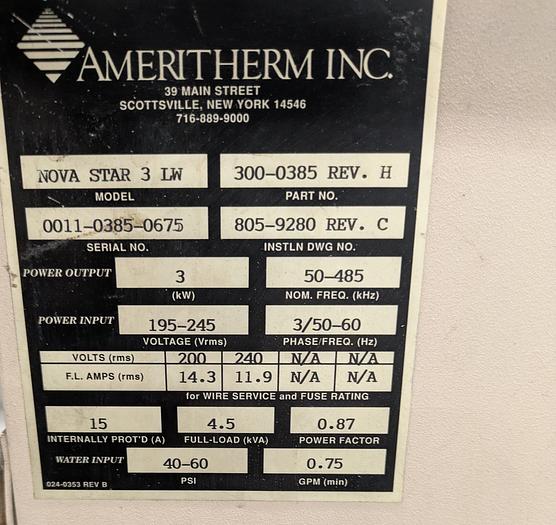 Used AmeriTherm Nova star 3 LW induction heater
