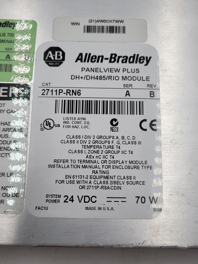 Used Allen Bradley 2711p-rn6 Panelview plus DH+/DH485/RIO module
