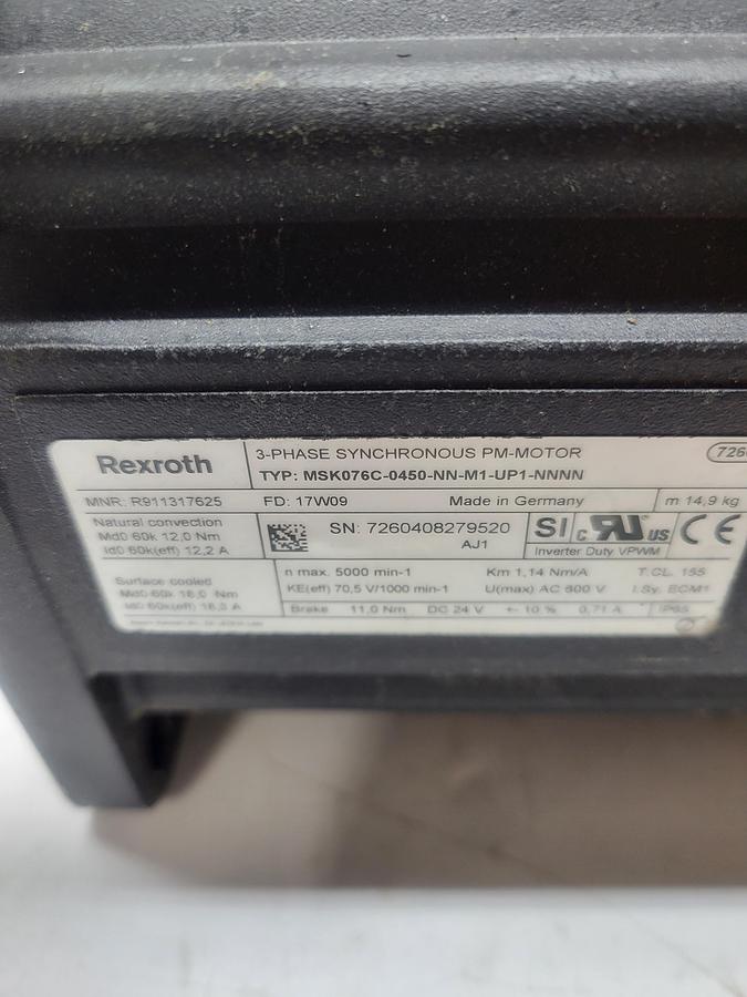 Used Rexroth MSK076C-0450-NN-M1-UP1-NNNN w/RKL4301 AWM Style Cable 185"
