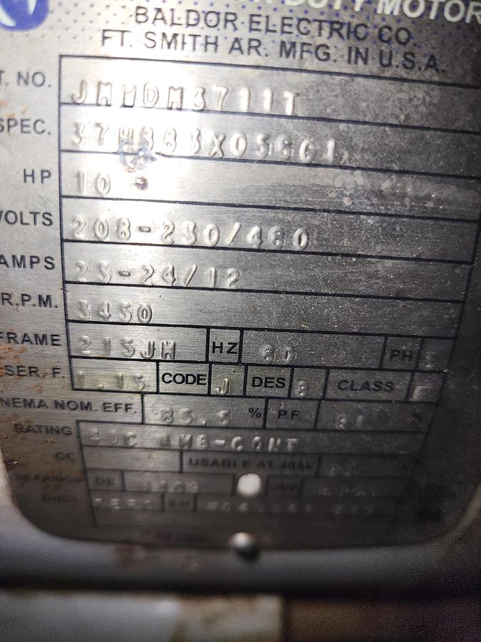 Used Baldor 10HP ID# JMWDM3711T / 208-230 /480 V Frame: 215JM / 3450 rpm & some pump parts