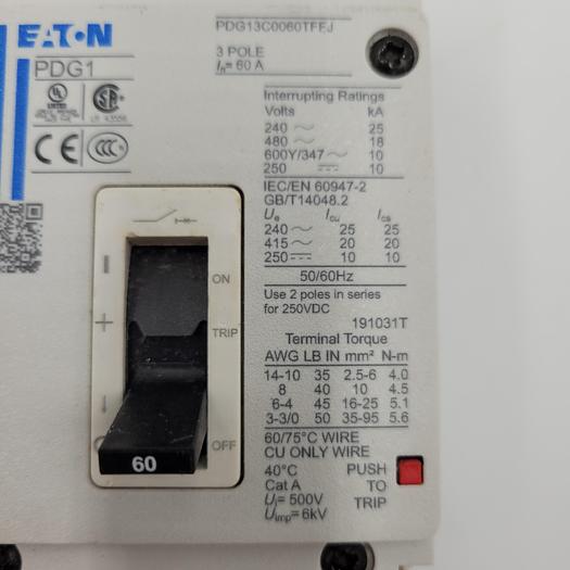 Used Eaton PDG1 3P 18kA/480V PDG13C0060TFFJ Cutler Hammer Circuit Breaker