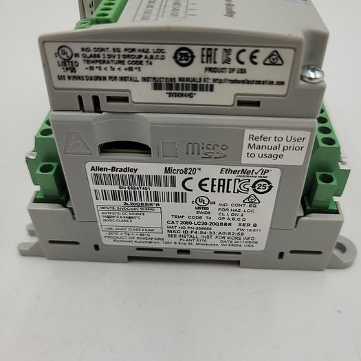 Used ALLEN BRADLEY 2080-LC20-20QBB PLC & 2 MICRO 820 CONTROL UNITS ON BASE