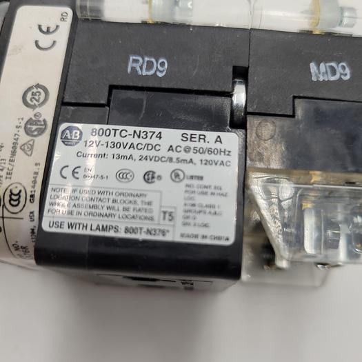 Used ALLEN BRADLEY 800TC-N374 button base & 800T-FXQH2RA1 red push button