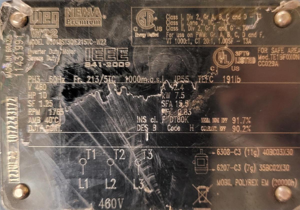 Used WEG 460V 3 PH 213/5TC frame 1765 RPM IP55 Model: 11431991