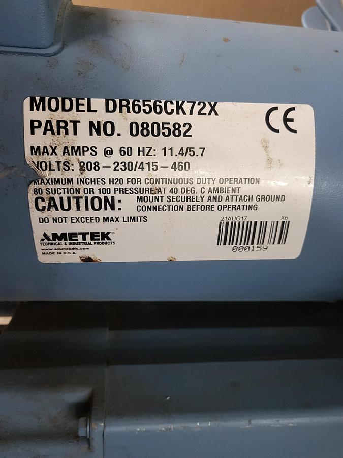 Used Ametek regenerative blower 3.5 HP TEFC 3 PH 230 / 460 V cat# 51895 RPM