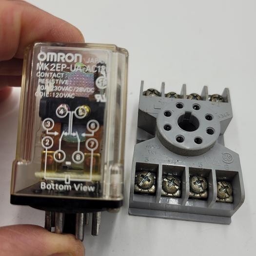 Used OMRON MK2EPN-UA-AC120 RELAY COIL 120VAC 10A WITH Tyco 27E122 Relay Socket, Mounting Base