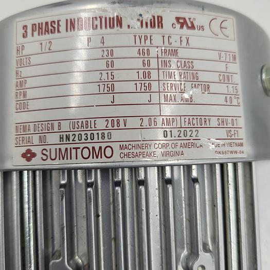 Used SUMITOMO DRIVE MODEL RNYMS05-1320YC-20 & MOTOR 1/2 HP V-71M FRAME / TYPE: TC-FX