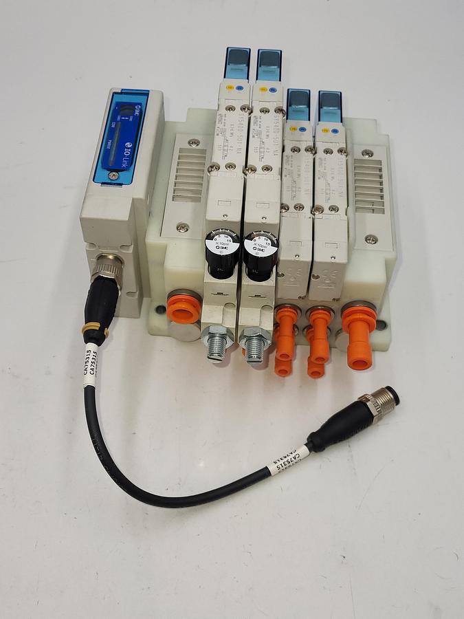 Used SMC SY5-IOL-0-N74RI W/ 2 solenoids SY5300 & Two SY5400 air regulated / One: EX260-SIL1 Serial Transmission System