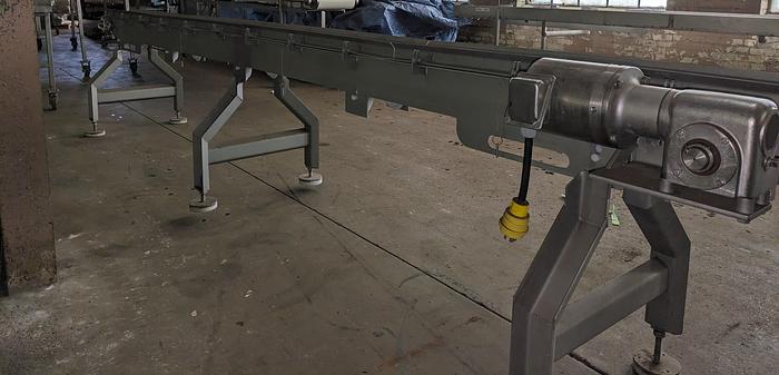 Used conveyor, stainless steel frame, 6" wide 15' long intralox belt adjustable feet flip up rails