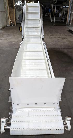 Used elevator, stainless steel frame, 17" wide, 11' long, plastic modular belt, adjustable legs, casters.