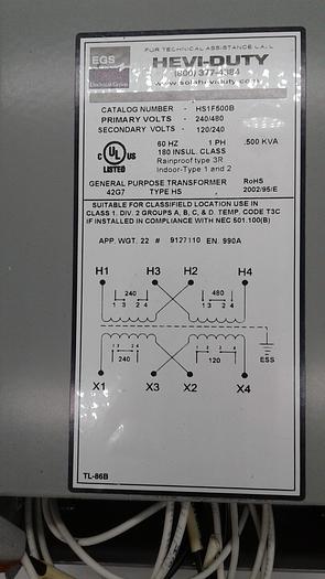Used EGS electrical Group General Purpose Transformer HS1F500B