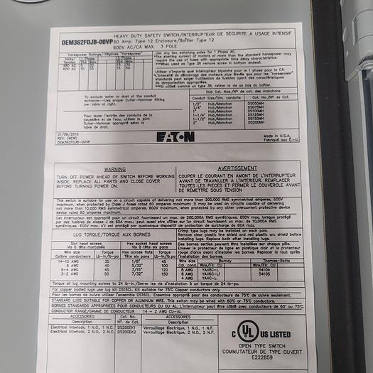 Used Eaton DEM362F0JB-00VP Heavy Duty Safety Switch