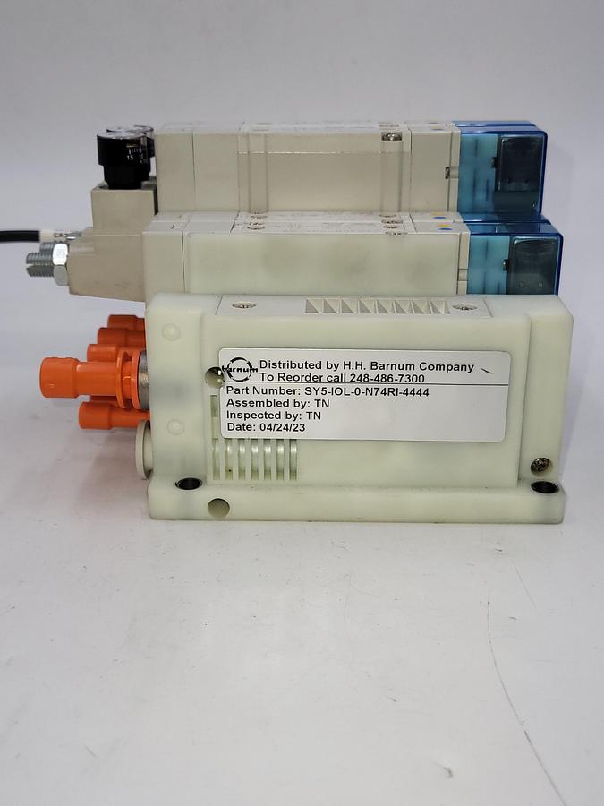Used SMC SY5-IOL-0-N74RI W/ 2 solenoids SY5300 & Two SY5400 air regulated / One: EX260-SIL1 Serial Transmission System