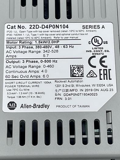 Used Allen-Bradley 22D-D4P0N104 Ser A 
