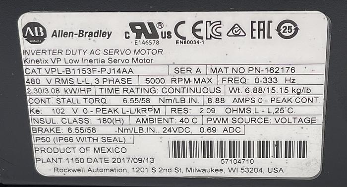 Used Allen-Bradley VPL-B1153F-PJ14AA Ser A 