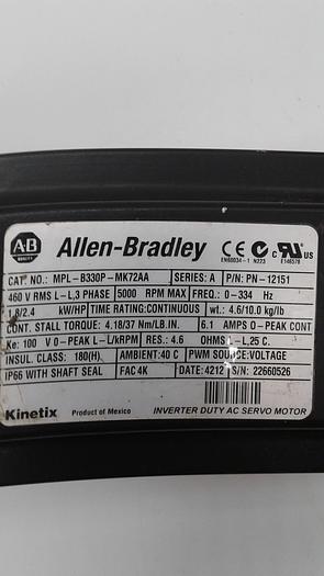 Used Allen-Bradley INVERTER DUTY AC SERVO MOTOR No. MLP-B330P-MK72AA PN-12151