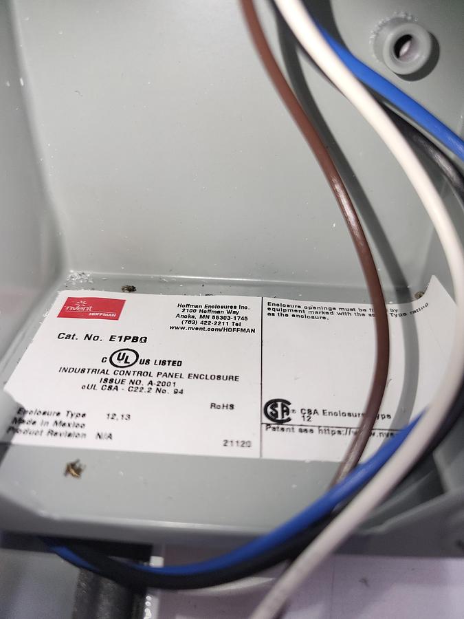 Used nVent HOFFMAN E1PBG Steel Enclosure NEMA13, IP65 & one wired Allen Bradley pushbutton 800F-N3W