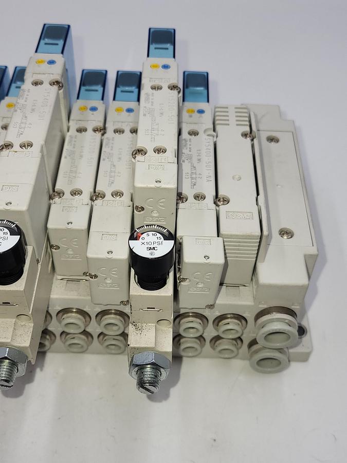 Used SMC HHB-144156 W/ 7 solenoids SY5300 & Two SY5400 air regulated / One: EX260-SIL1 Serial Transmission System output