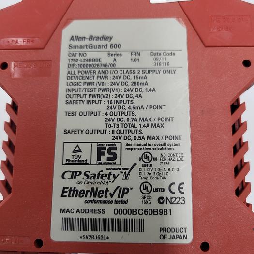 Used ALLEN BRADLEY SmartGuard 600 Safety Controller,EtherNet/IP, SIL 3. 16 Inputs, 8 Outputs; Supply Voltage: 20.4-26.4V DC
