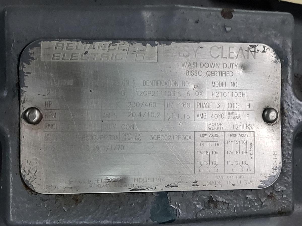 Used Reliable Electric 7.5 HP motor 230/460 v TEFC 215TC frame Model P21G1103H TRI-FLO stainless Pump C216MB21T-S