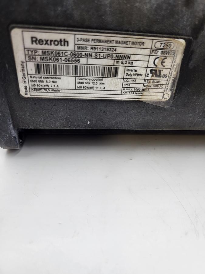Used Rexroth MSK061C-0600-NN-S1-UP0-NNNN / R911319324 Servo motor
