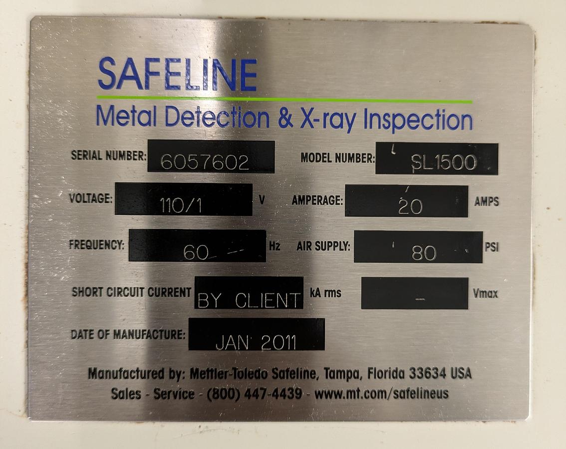 Used Safeline metal detector model SL1500, stainless conveyor, pneumatic reject