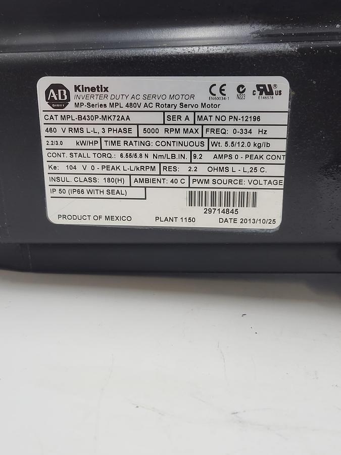 Used Allen Bradley Kinetix servo motor MPL-B430-MK72AA & Wittenstein LP120s-mf1-10 AC 10026215 & rotating plate 4" x 7"