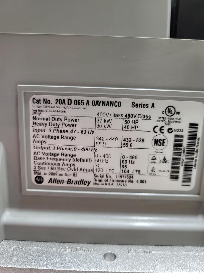 Used Allen-Bradley Powerflex 70 20AD065A0AYNANC0 Ser.A