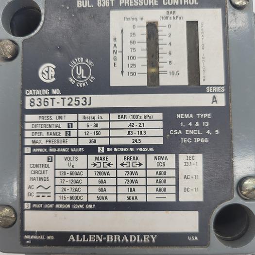Used Allen-Bradley BUL. 836T Pressure Control 836T-T253J Ser.A