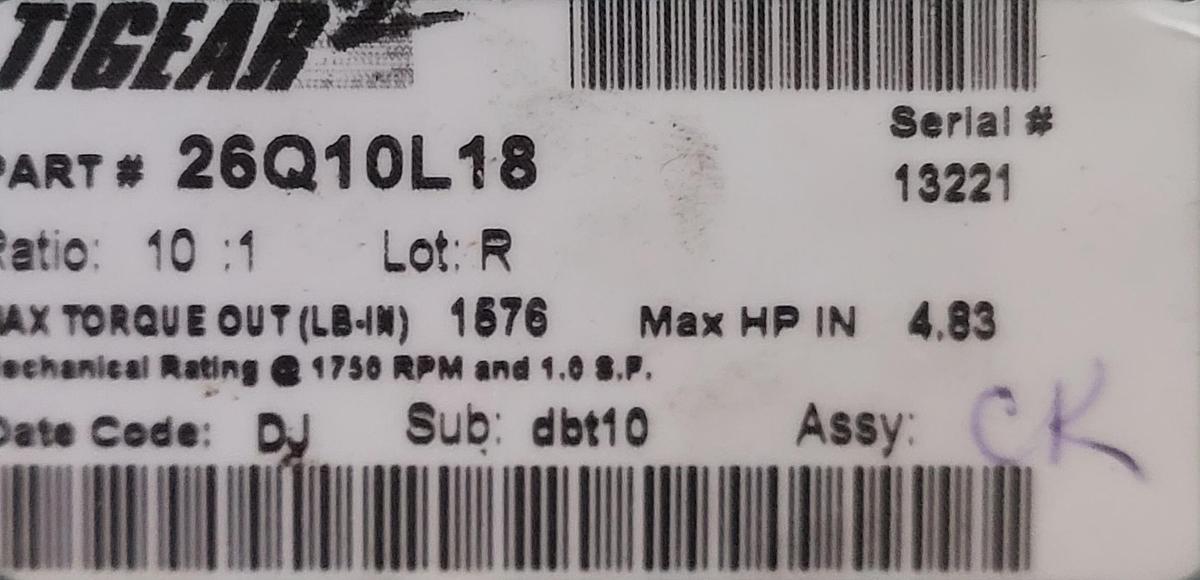 Used TIGEAR-2 Right Angle Worm Gear Reducer 26Q10L18 / 2.63 in Center Distance 180TC Frame Size - Left Output