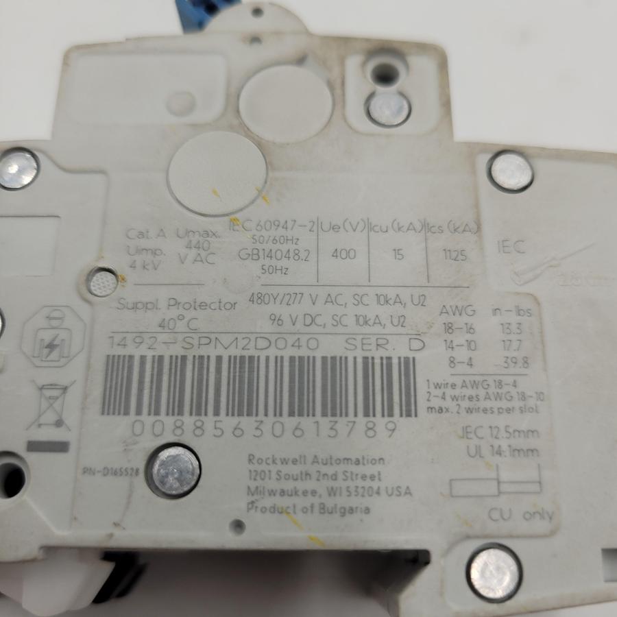 Used ALLEN BRADLEY 1492-SPM2D040 SER D BREAKER 2 pole