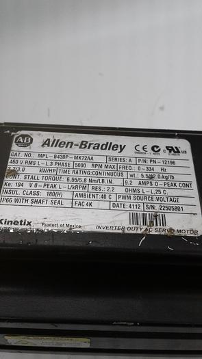 Used Allen-Bradley Inverter Duty AC Servo Motor MPL-B430P-MK72AA