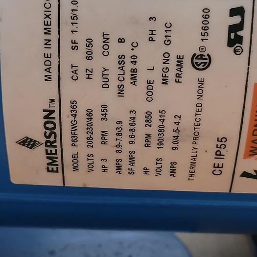EMERSON MOTOR P63FWG-4365 3HP 208-230/460 3450 RPM & GOULDS H2O pump model: LCB1H5D1 / 1" x 1-1/4" *NEW* IMPELLER 5-3/16"