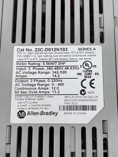 Used Allen Bradley 22C-D012N103 Ser A