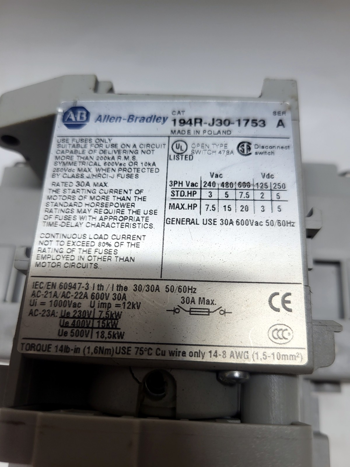 Allen-Bradley 194R-J30-1753 nameplate