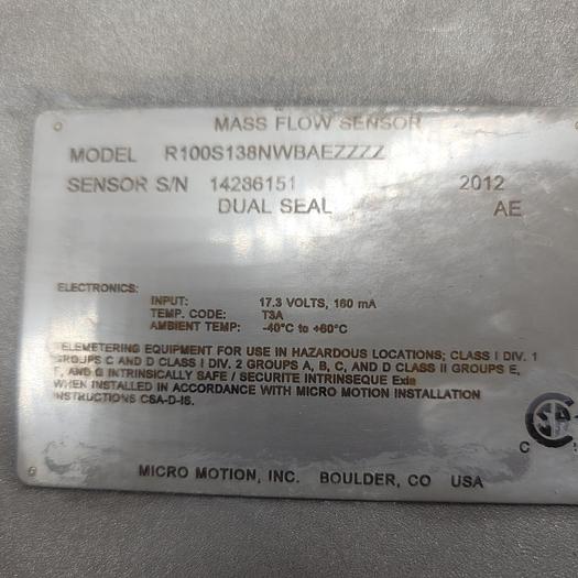 Used Mirco Motion R100S13NWBAFZZZZ Mass Flow Sensor Dual Seal