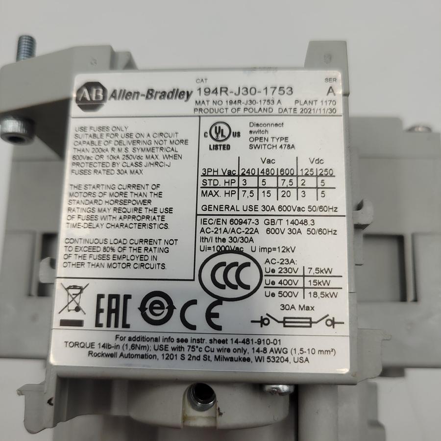 Used Allen Bradley disconnect switch 194R-J30-1753 ser A
