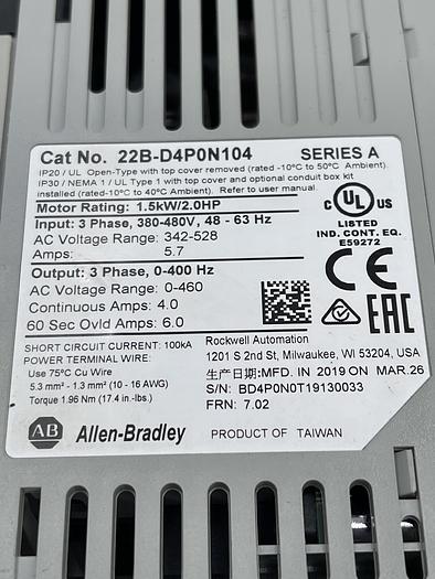 Used Allen-Bradley 22B-D4P0N104 Ser A 