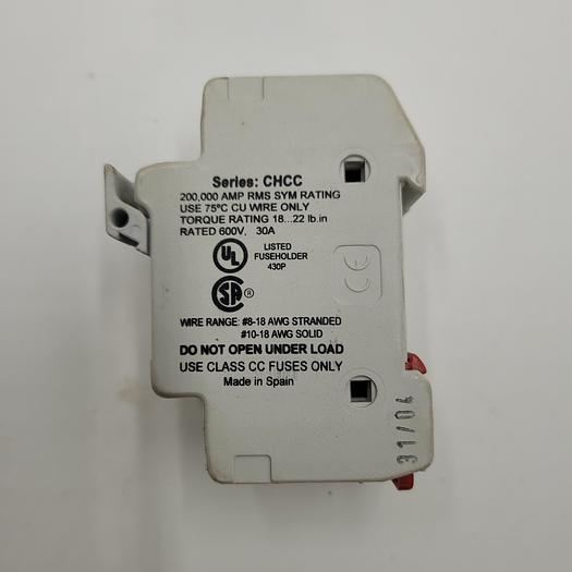 Used Bussman Fuse Block, CC UL Class, 2 Poles, 0 to 30A Amp Range, 600V