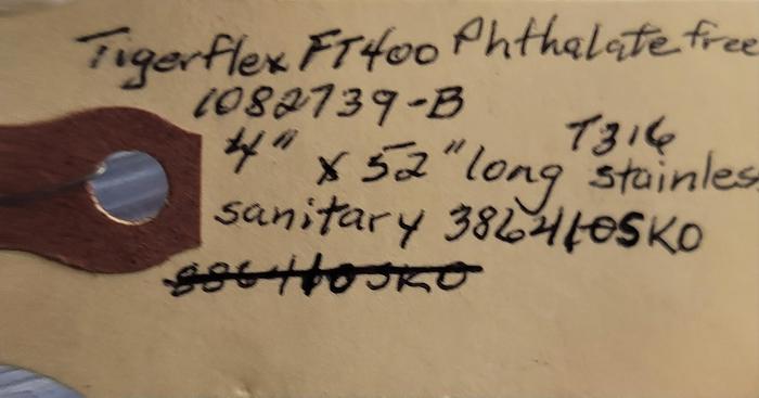 Tigerflex FT400 hose 4" x 52" & Item # 386410SKO T316 stainless Sanitary Clamp *NEW*