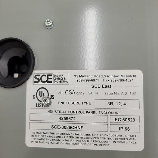 SAGINAW CONTROL & ENGINEERING IP66 PANEL ENCLOSURE SCE-8086CHNF / 4259672 / IEC60529 TYPE: 3R, 12, 4 *NEW*