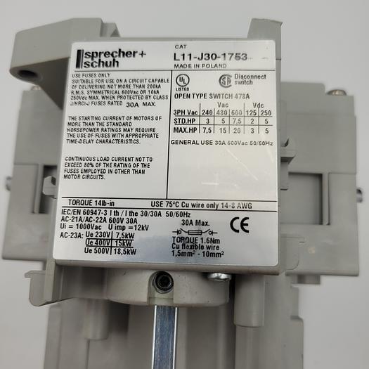 Used Sprecher & Schuh L11-J30-1753 30A UL Class J Fused Disconnect Switch