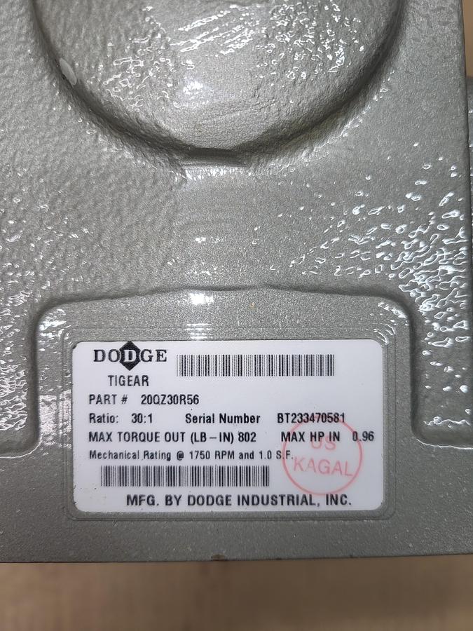 DODGE TIGEAR Right Angle Worm Gear Reducer 20QZ30R56 Ratio 30:1 *NEW - NO BOX** 56C Frame