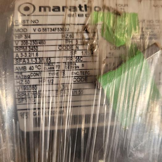 Used *NEW* MARATHON 056T34F5302: 3/4 HP / 3450 RPM / FRAME:. 56C TEFC